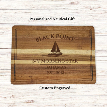 Black Point Bahamas sailboat cutting board personalized with Morning Star boat name nautical gift