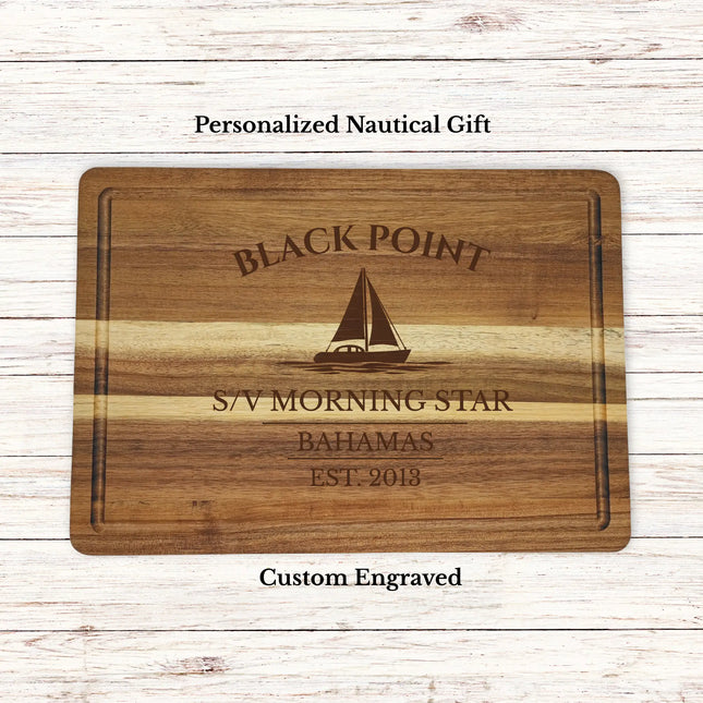 Black Point Bahamas sailboat cutting board personalized with Morning Star boat name nautical gift