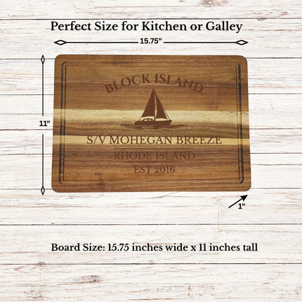 Block Island Rhode Island sailboat cutting board dimensions solid acacia wood nautical kitchen board size guide