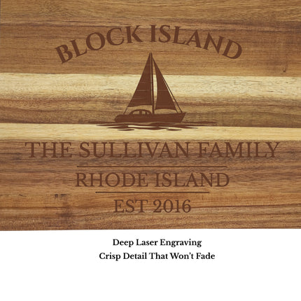 close up engraving detail Block Island Rhode Island sailboat cutting board showing laser engraved sailboat and harbor name