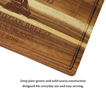solid acacia Block Island Rhode Island sailboat cutting board juice groove and craftsmanship detail