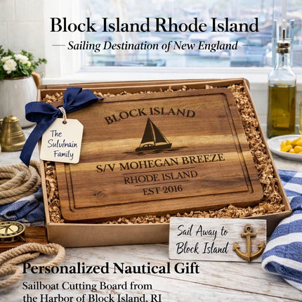 personalized Block Island Rhode Island sailboat cutting board gift for sailors boat owners and coastal homes

