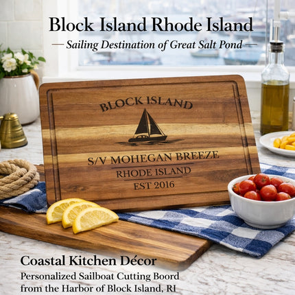 Block Island Rhode Island sailboat cutting board styled in coastal kitchen nautical decor lifestyle setting