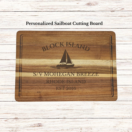 Block Island Rhode Island sailboat cutting board engraved on solid acacia wood personalized nautical kitchen gift
