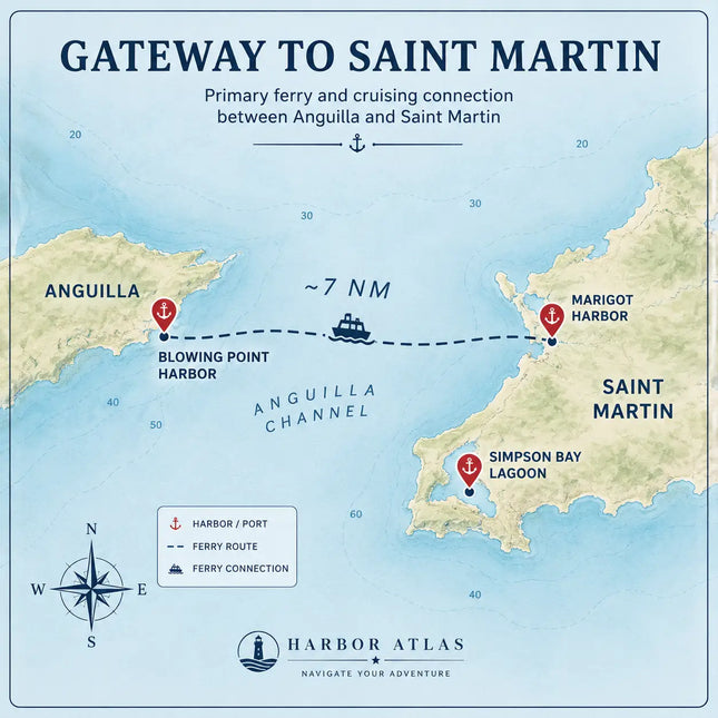 Map showing the route between Blowing Point Harbor in Anguilla and nearby Saint Martin destinations including Marigot Harbor and Simpson Bay Lagoon.