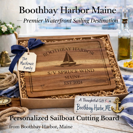Personalized sailboat cutting board from Boothbay Harbor Maine presented as nautical gift for sailors boat owners and coastal homes