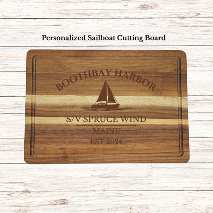Personalized Boothbay Harbor Maine sailboat cutting board engraved with custom boat name and family name nautical kitchen gift