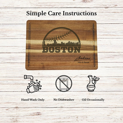 Care instructions for acacia wood cutting board showing cleaning oiling and maintenance tips for long lasting use