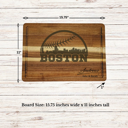Boston baseball cutting board dimensions showing size thickness and juice groove details on acacia wood board