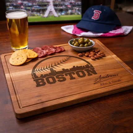 Boston baseball cutting board used for game day serving with snacks and drinks in a home viewing setting