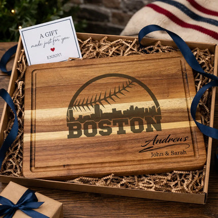 Personalized Boston baseball cutting board presented in gift box with ribbon as a thoughtful custom gift for baseball fans