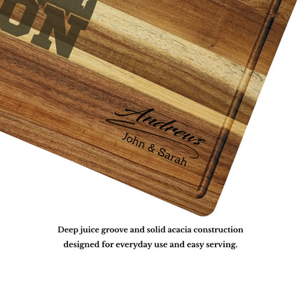 Acacia wood cutting board with deep juice groove and thick construction showing quality craftsmanship and durability