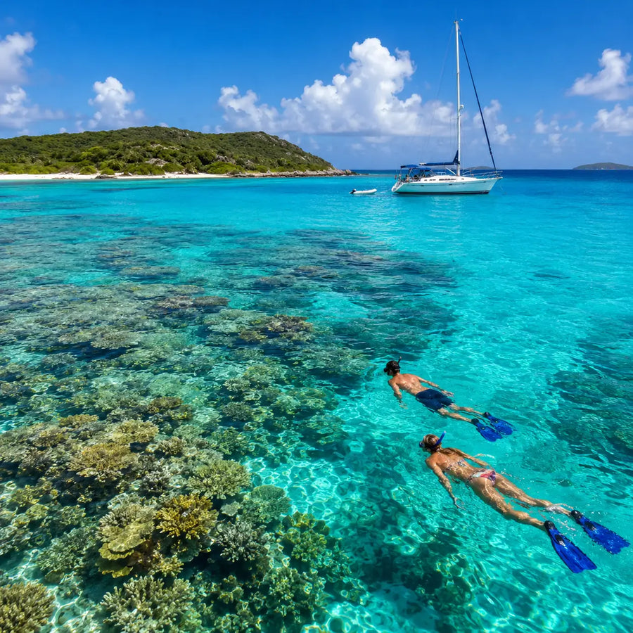 Crystal-clear turquoise waters surrounding Buck Island National Monument near Christiansted, St. Croix, featuring vibrant coral reefs, snorkelers, and a sailboat anchored offshore.