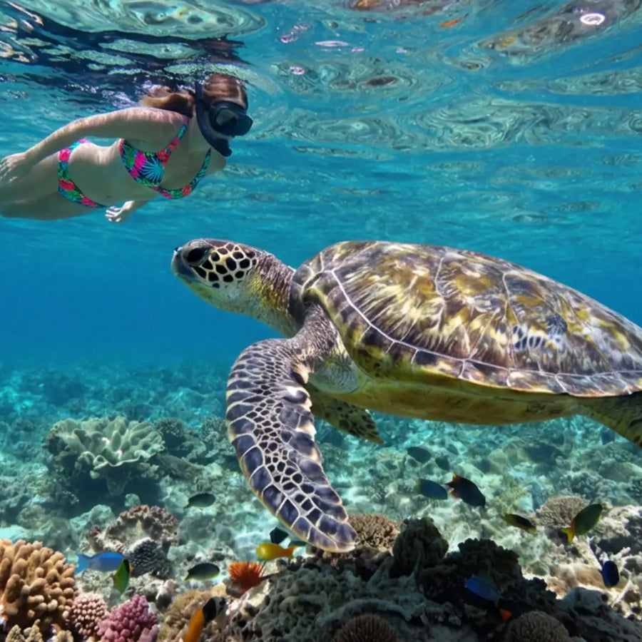 Snorkeler swimming alongside a sea turtle above colorful coral reefs in the protected waters of Buck Island Reef National Monument near St. Croix.