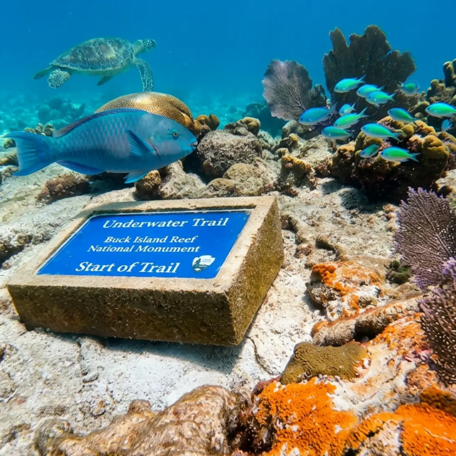 Underwater snorkeling trail surrounded by coral reefs, tropical fish, and marine life at Buck Island Reef National Monument near St. Croix.