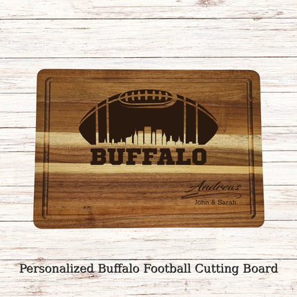 Personalized Buffalo football cutting board laser engraved on solid acacia wood with juice groove and custom family name