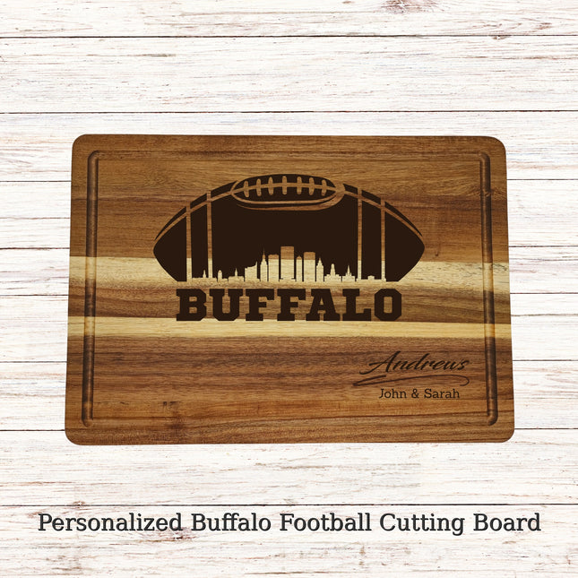 Personalized Buffalo football cutting board laser engraved on solid acacia wood with juice groove and custom family name
