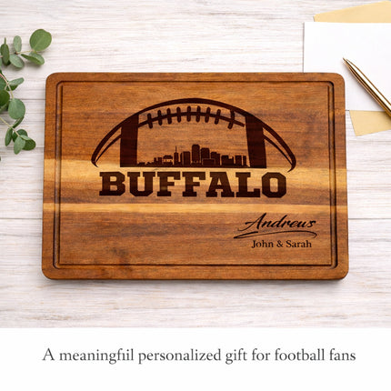 Personalized Buffalo football cutting board styled as a meaningful gift for football fans, engraved acacia wood board shown without gift wrap