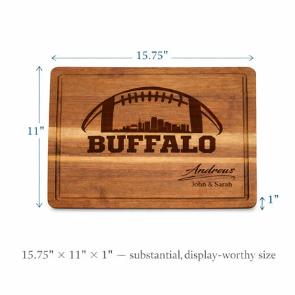 Size and scale view of personalized Buffalo football cutting board showing 15.75 x 11 inch dimensions, 1 inch thickness, and full juice groove around the edge in solid acacia wood