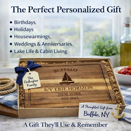 Personalized Buffalo New York sailboat cutting board gift with S V Erie Horizon engraving and Gallagher family name displayed in nautical gift box for special occasions