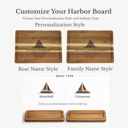 Buffalo New York sailboat cutting board customization options showing different engraving styles boat names and family name layouts