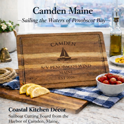 Camden Maine sailboat cutting board displayed as coastal kitchen decor personalized nautical gift for sailors