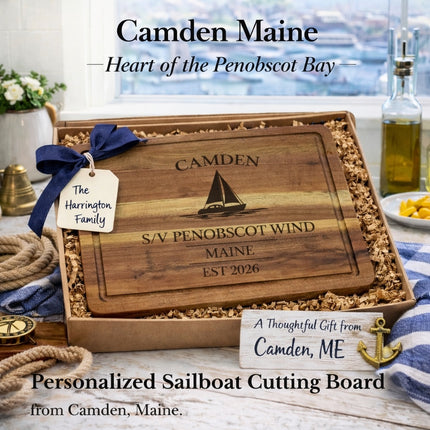 Personalized sailboat cutting board from Camden Maine presented as nautical gift for sailors boat owners and coastal homes