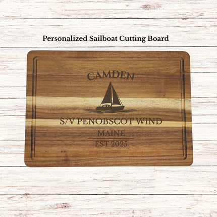 Personalized Camden Maine sailboat cutting board engraved with custom boat name and family name nautical kitchen gift