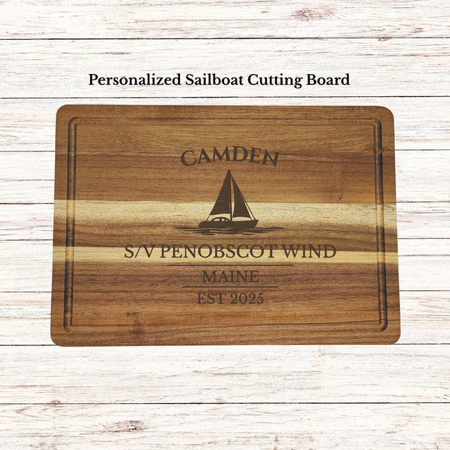 Personalized Camden Maine sailboat cutting board engraved with custom boat name and family name nautical kitchen gift