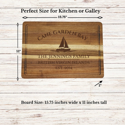 Cane Garden Bay British Virgin Islands sailboat cutting board dimensions and features including size thickness juice groove and edge detail