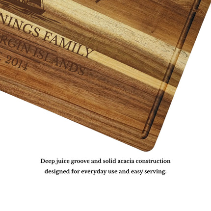 Cane Garden Bay British Virgin Islands cutting board juice groove and craftsmanship showing premium solid acacia wood quality and durability