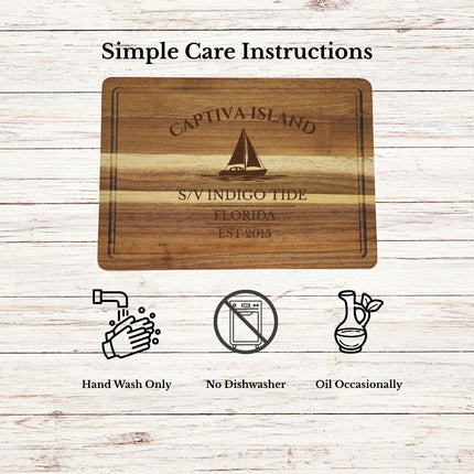 Captiva Island Florida cutting board care instructions showing how to clean oil and maintain acacia wood for long lasting use