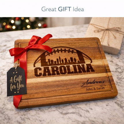 Custom Carolina cutting board gift with football skyline laser engraving and personalized family name