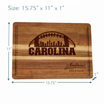 Carolina cutting board size and scale showing 15.75 by 11 by 1 inch dimensions with football skyline laser engraving