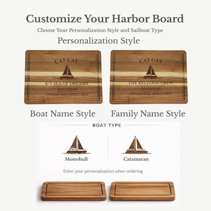 Cat Cay Bahamas cutting board personalization options showing custom boat name family name established year and sailboat engraving styles
