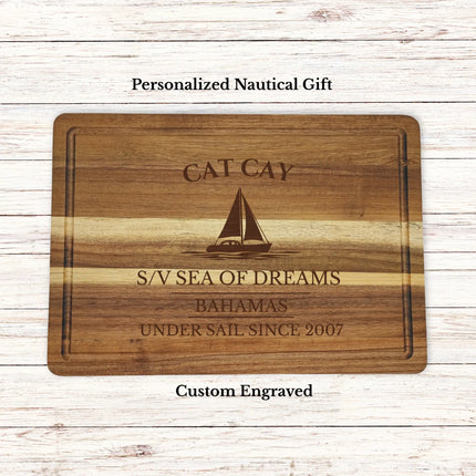 Cat Cay Bahamas sailboat cutting board personalized with Far Reach boat name nautical gift