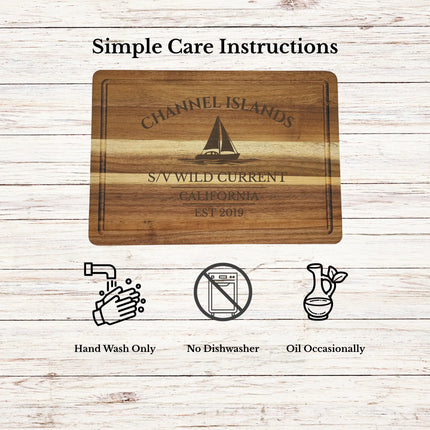 Channel Islands California cutting board care instructions showing how to clean oil and maintain acacia wood