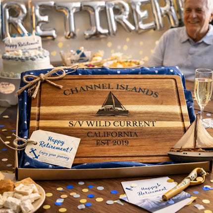 Channel Islands California personalized cutting board retirement gift with nautical theme gift box celebration decor and sailboat accents