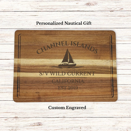 Personalized Channel Islands California sailboat cutting board engraved with boat name Wild Current nautical gift