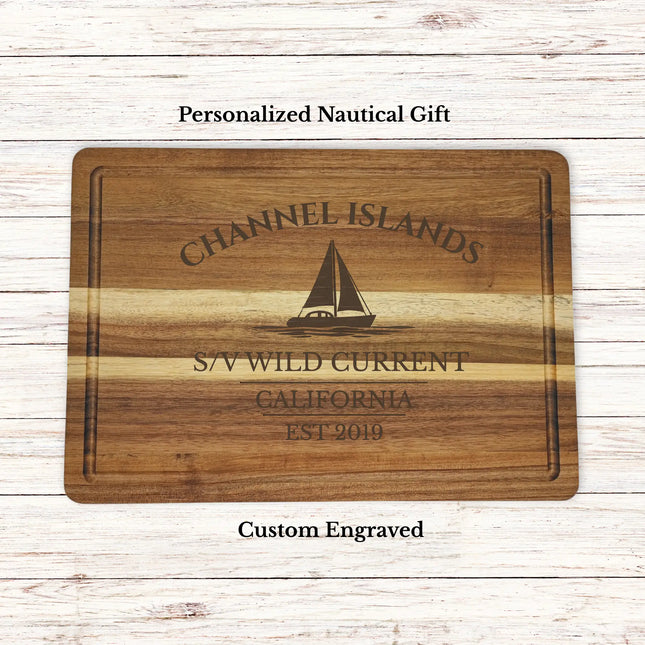 Personalized Channel Islands California sailboat cutting board engraved with boat name Wild Current nautical gift