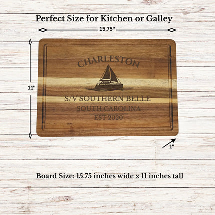 Charleston sailboat cutting board size and dimensions shown on premium acacia wood board
