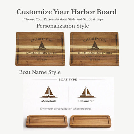 Charleston sailboat cutting board showing custom engraving options for boat name family name and established year