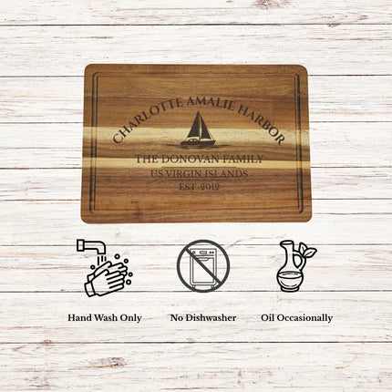 Charlotte Amalie Harbor US Virgin Islands cutting board care instructions showing how to clean oil and maintain acacia wood for long lasting use
