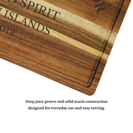 Charlotte Amalie Harbor US Virgin Islands cutting board juice groove and craftsmanship showing solid acacia wood quality and durability