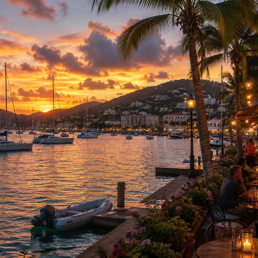 Waterfront restaurants overlooking Charlotte Amalie Harbor at sunset with anchored sailboats and tropical hills in St. Thomas, U.S. Virgin Islands.