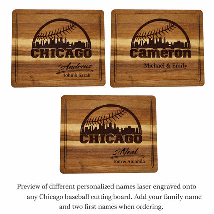 Preview of personalized Chicago baseball cutting boards showing different family names and first names laser engraved into solid acacia wood
