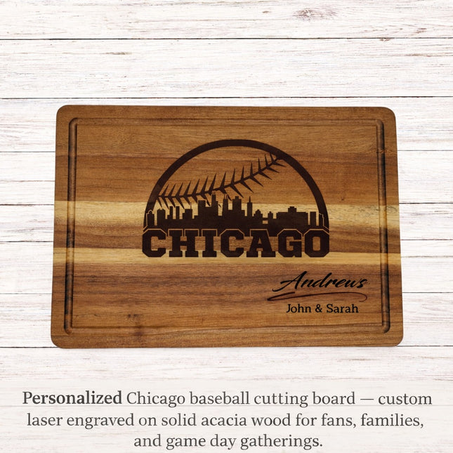 Personalized Chicago baseball cutting board engraved with city skyline and dark laser engraved family name on solid acacia wood
