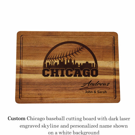 Custom Chicago baseball cutting board with dark laser engraved skyline and personalized family name shown on a white background
