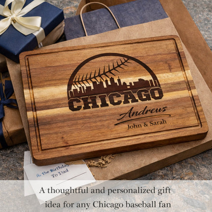 Personalized Chicago baseball cutting board engraved with city skyline and family name shown as a thoughtful gift idea for a baseball fan
