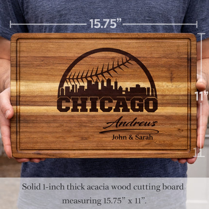 Personalized Chicago baseball cutting board held in hands showing full size and thickness, measuring 15.75 by 11 inches and crafted from solid acacia wood

